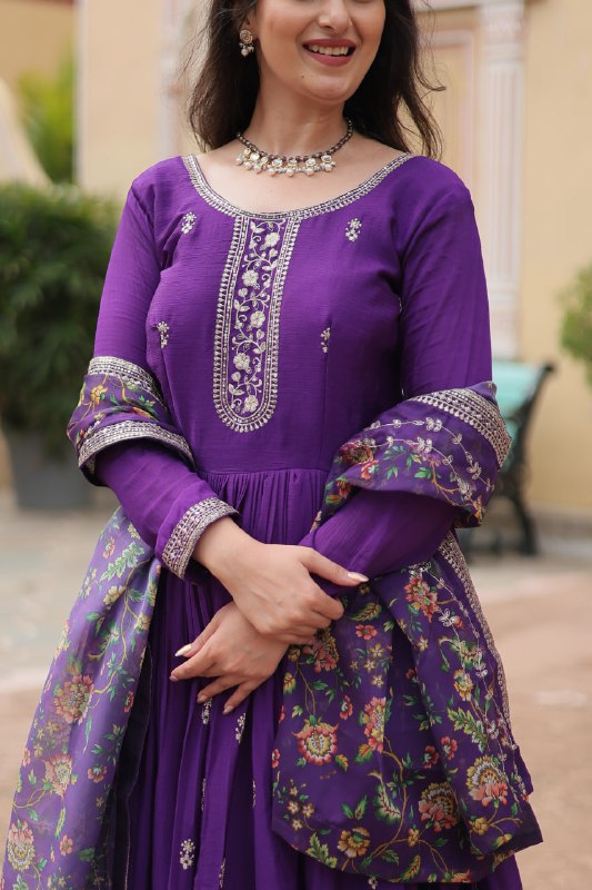 Stylish Chinon Rich Sequins Embroidered Fully Stitched Gown - Ethnicwish