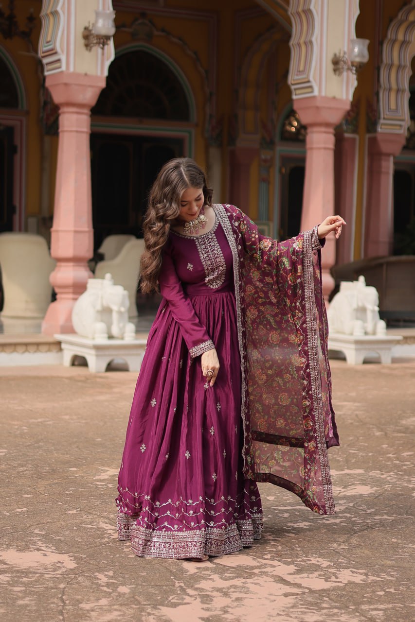 Stylish Chinon Rich Sequins Embroidered Fully Stitched Gown - Ethnicwish