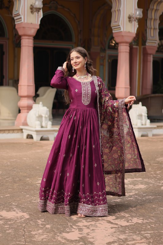 Stylish Chinon Rich Sequins Embroidered Fully Stitched Gown - Ethnicwish