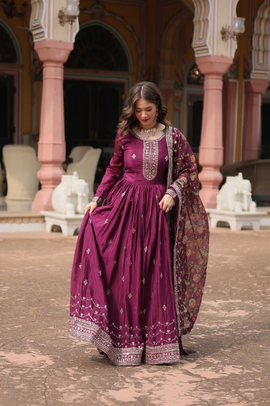 Stylish Chinon Rich Sequins Embroidered Fully Stitched Gown - Ethnicwish