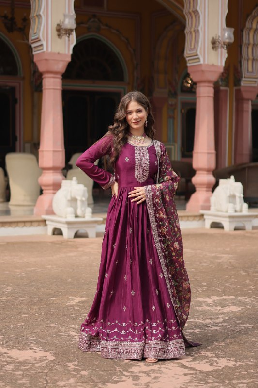 Stylish Chinon Rich Sequins Embroidered Fully Stitched Gown - Ethnicwish