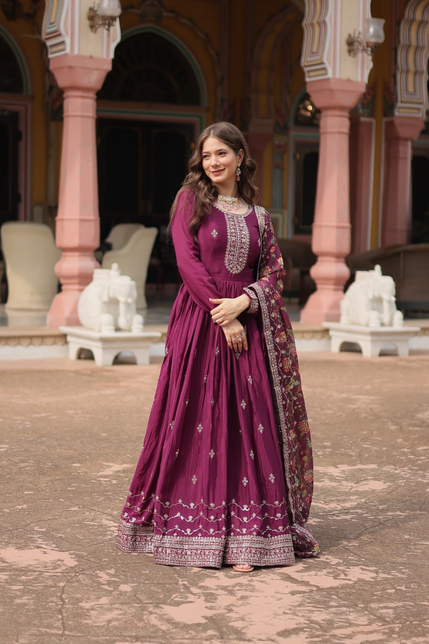 Stylish Chinon Rich Sequins Embroidered Fully Stitched Gown - Ethnicwish