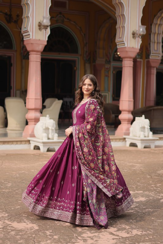 Stylish Chinon Rich Sequins Embroidered Fully Stitched Gown - Ethnicwish