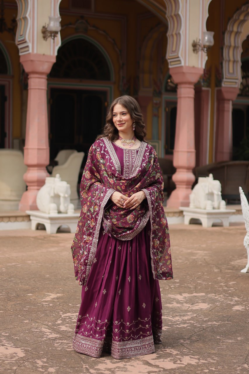 Stylish Chinon Rich Sequins Embroidered Fully Stitched Gown - Ethnicwish