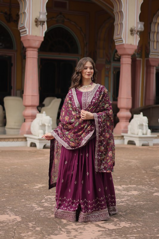 Stylish Chinon Rich Sequins Embroidered Fully Stitched Gown - Ethnicwish