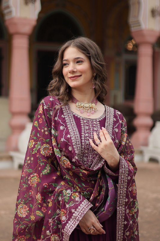 Stylish Chinon Rich Sequins Embroidered Fully Stitched Gown - Ethnicwish