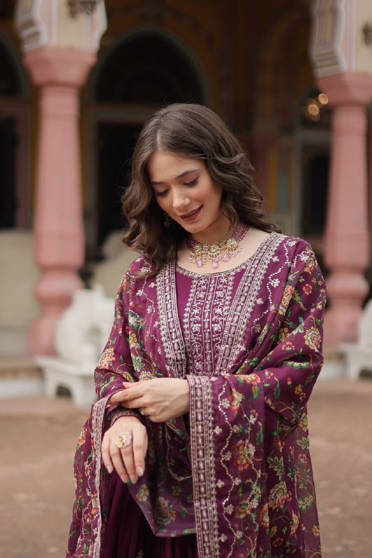Stylish Chinon Rich Sequins Embroidered Fully Stitched Gown - Ethnicwish