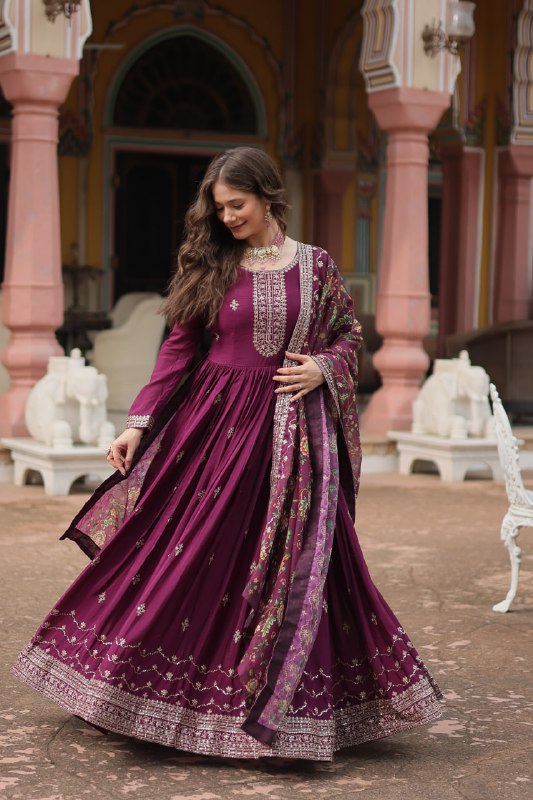Stylish Chinon Rich Sequins Embroidered Fully Stitched Gown - Ethnicwish