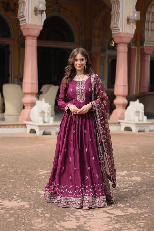 Stylish Chinon Rich Sequins Embroidered Fully Stitched Gown - Ethnicwish