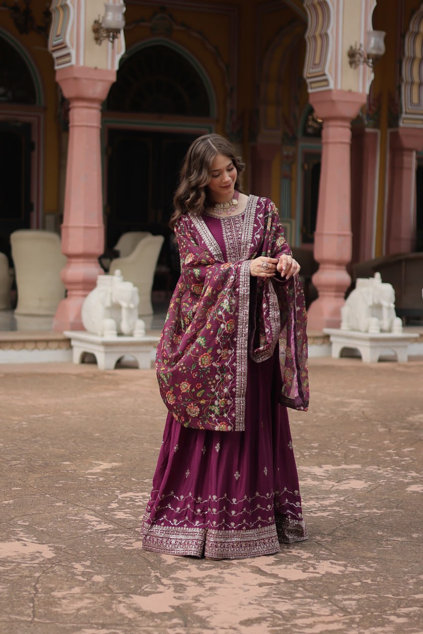 Stylish Chinon Rich Sequins Embroidered Fully Stitched Gown - Ethnicwish