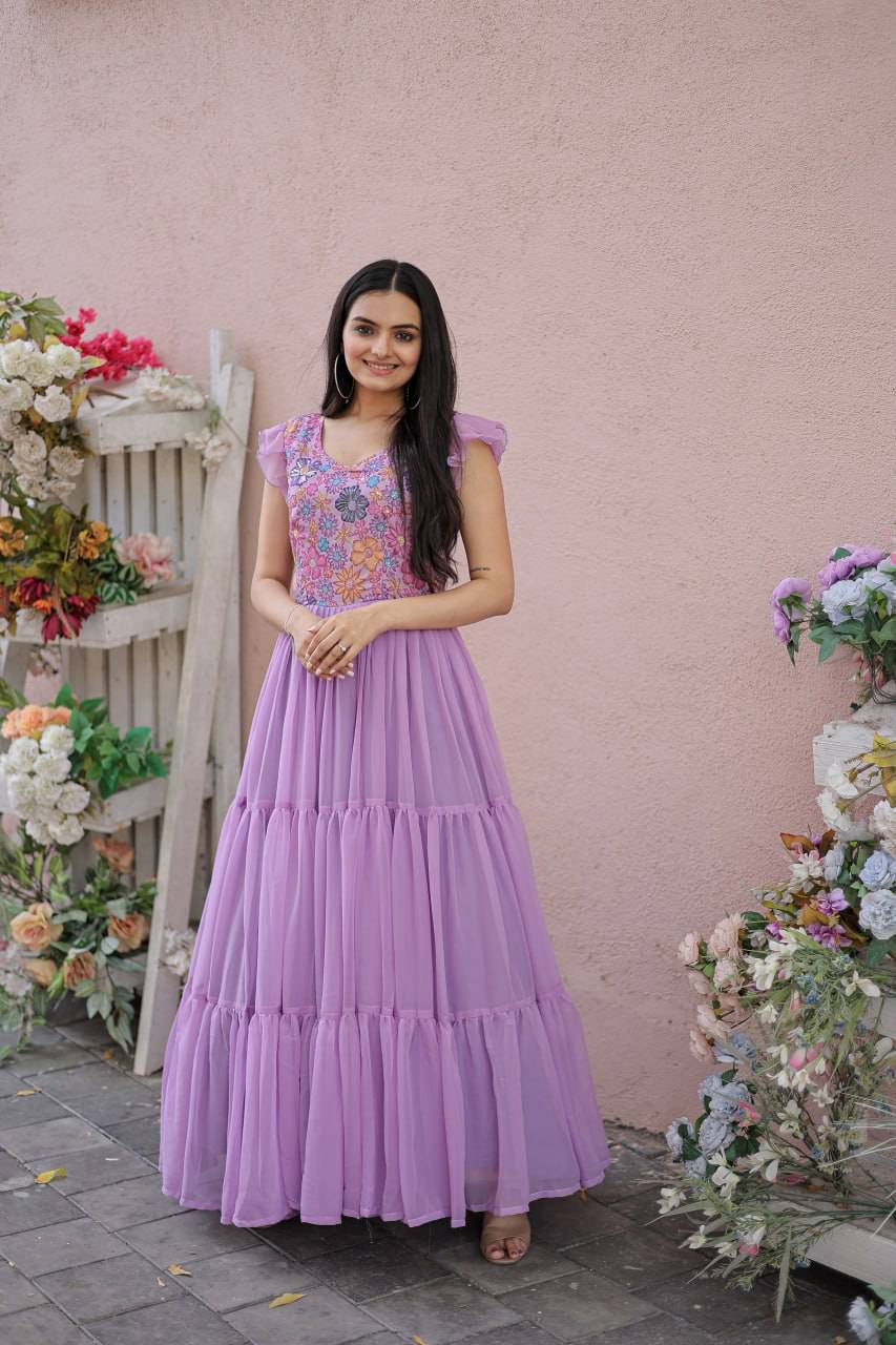 Timeless Rich Floral Position Printed Faux Georgette Gown - Ethnicwish
