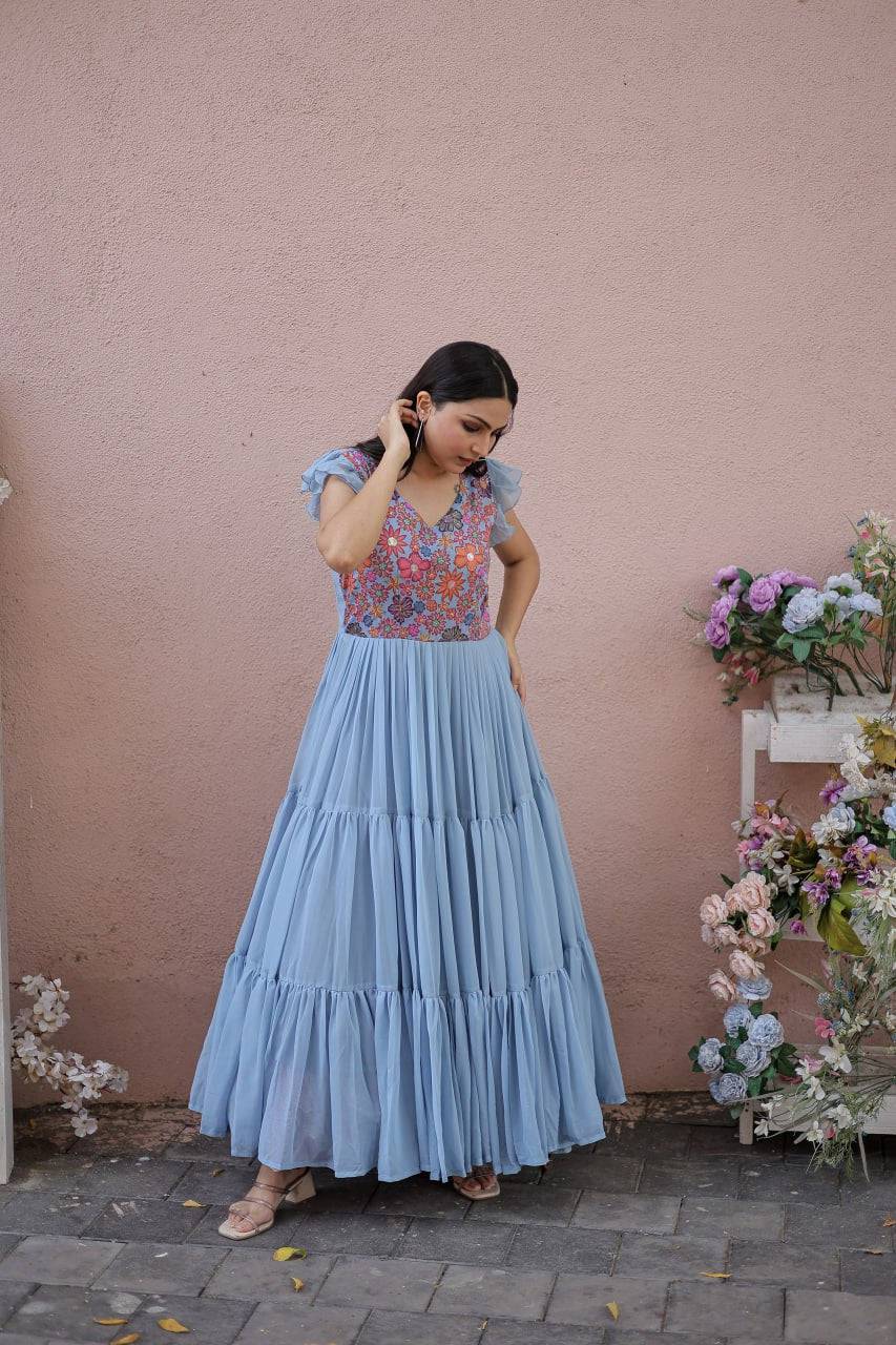 Timeless Rich Floral Position Printed Faux Georgette Gown - Ethnicwish