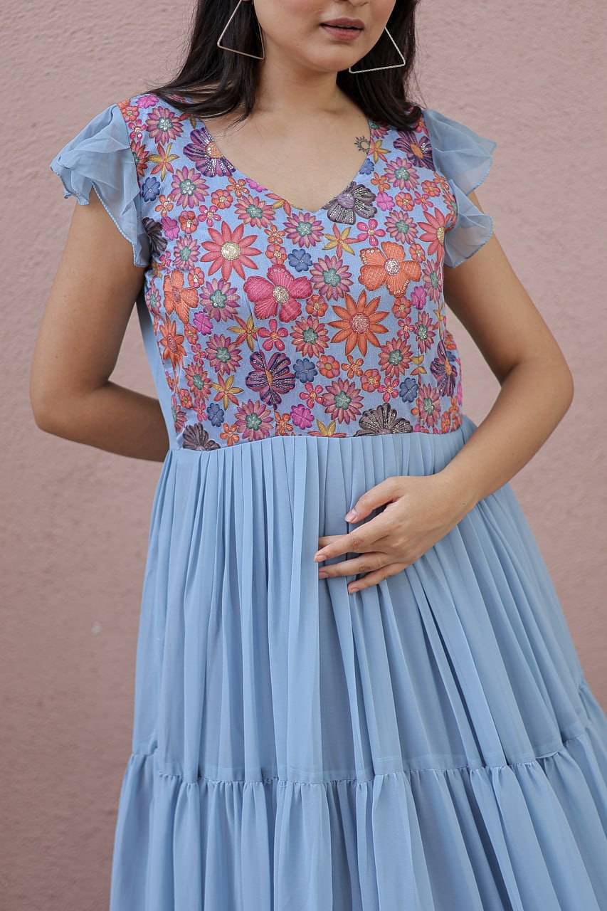 Timeless Rich Floral Position Printed Faux Georgette Gown - Ethnicwish