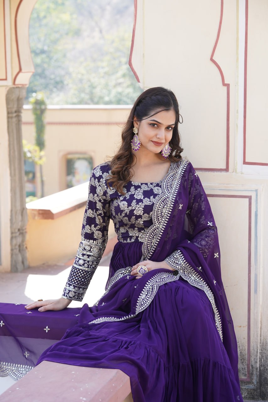 Enticing Faux Georgette Sequins Embroidered Festive Wear Gown - Ethnicwish