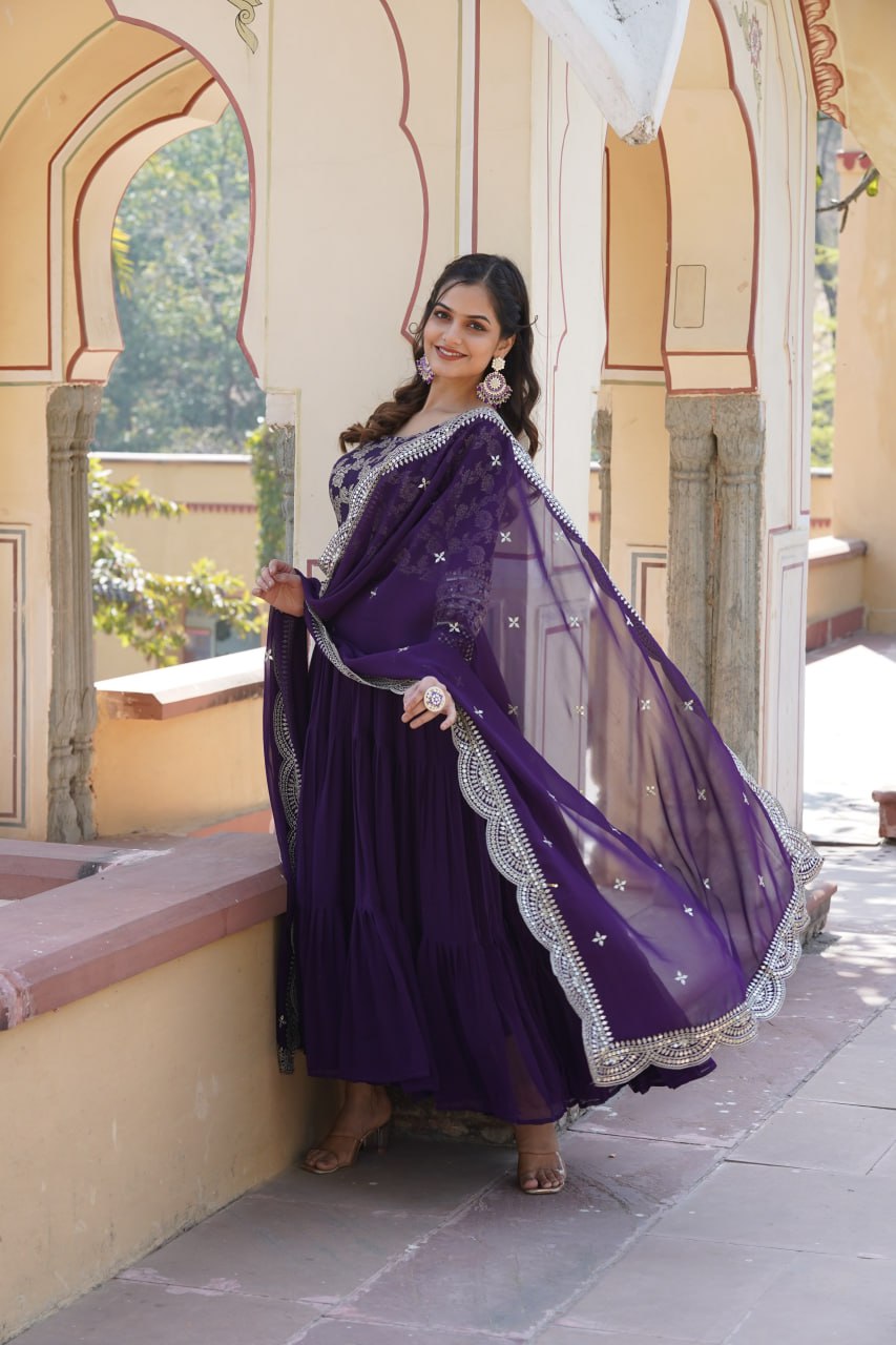 Enticing Faux Georgette Sequins Embroidered Festive Wear Gown - Ethnicwish