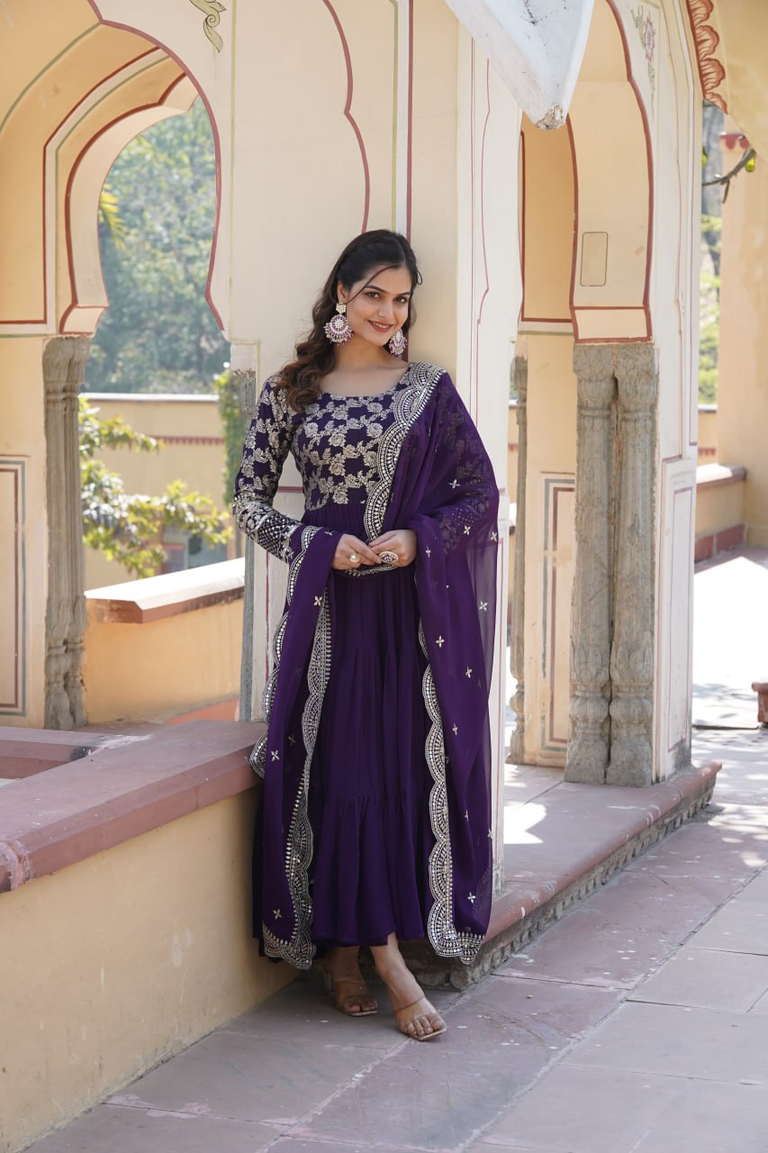 Enticing Faux Georgette Sequins Embroidered Festive Wear Gown - Ethnicwish