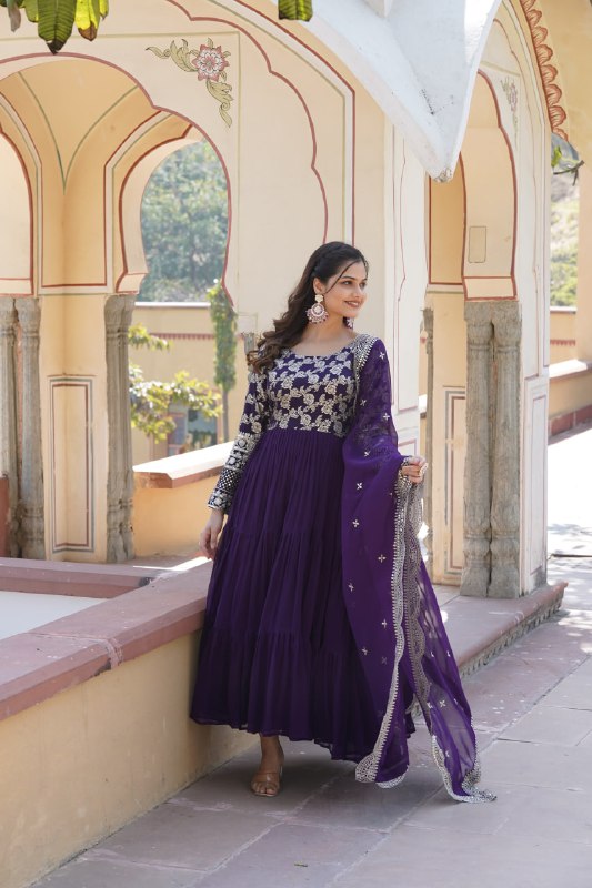 Enticing Faux Georgette Sequins Embroidered Festive Wear Gown - Ethnicwish