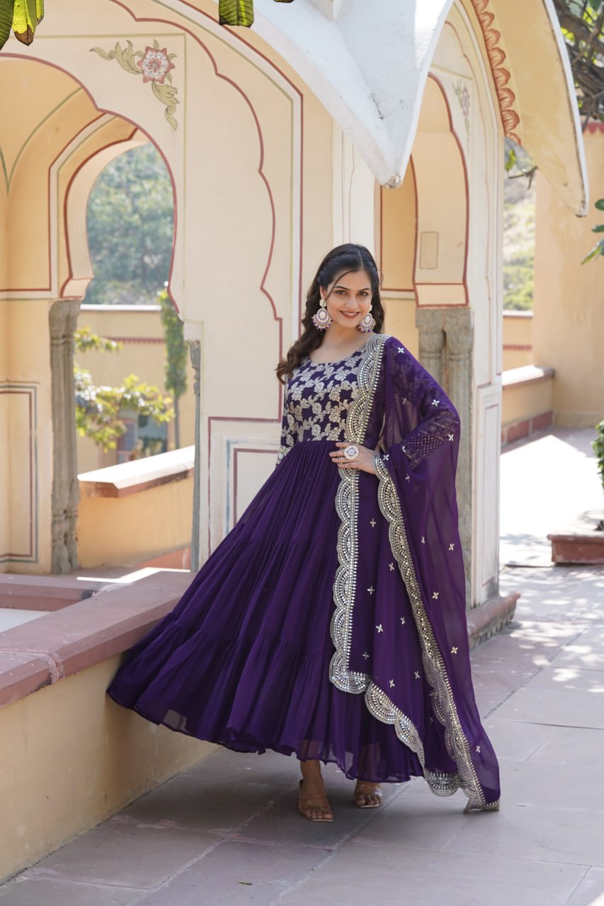 Enticing Faux Georgette Sequins Embroidered Festive Wear Gown - Ethnicwish