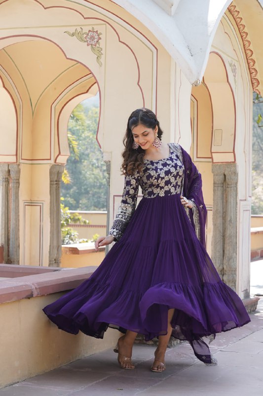 Enticing Faux Georgette Sequins Embroidered Festive Wear Gown - Ethnicwish