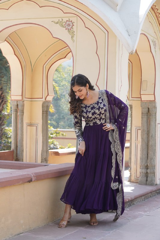 Enticing Faux Georgette Sequins Embroidered Festive Wear Gown - Ethnicwish