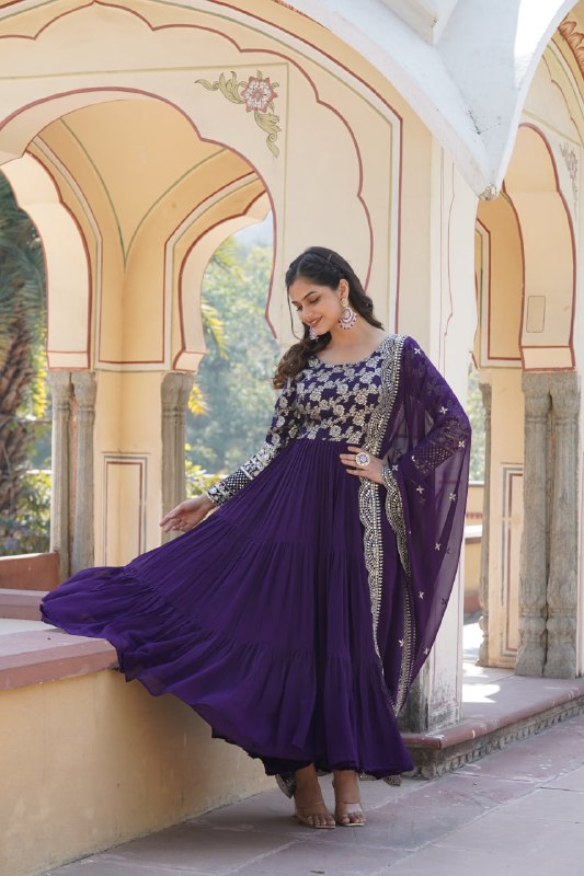 Enticing Faux Georgette Sequins Embroidered Festive Wear Gown - Ethnicwish