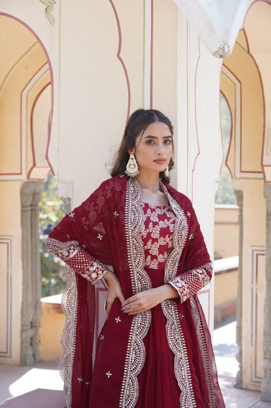 Enticing Faux Georgette Sequins Embroidered Festive Wear Gown - Ethnicwish