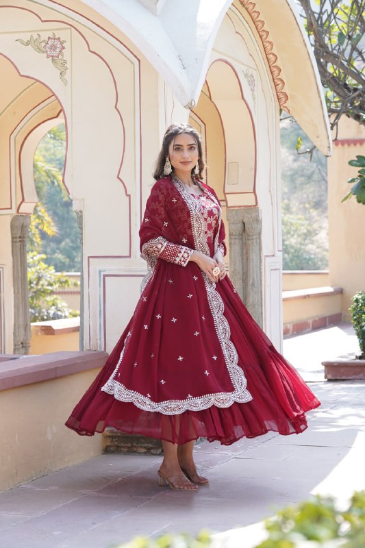 Enticing Faux Georgette Sequins Embroidered Festive Wear Gown - Ethnicwish