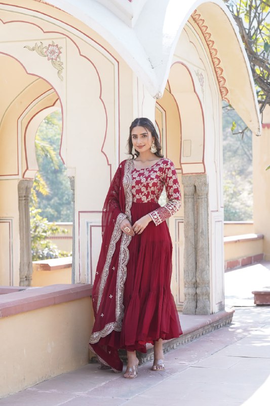 Enticing Faux Georgette Sequins Embroidered Festive Wear Gown - Ethnicwish