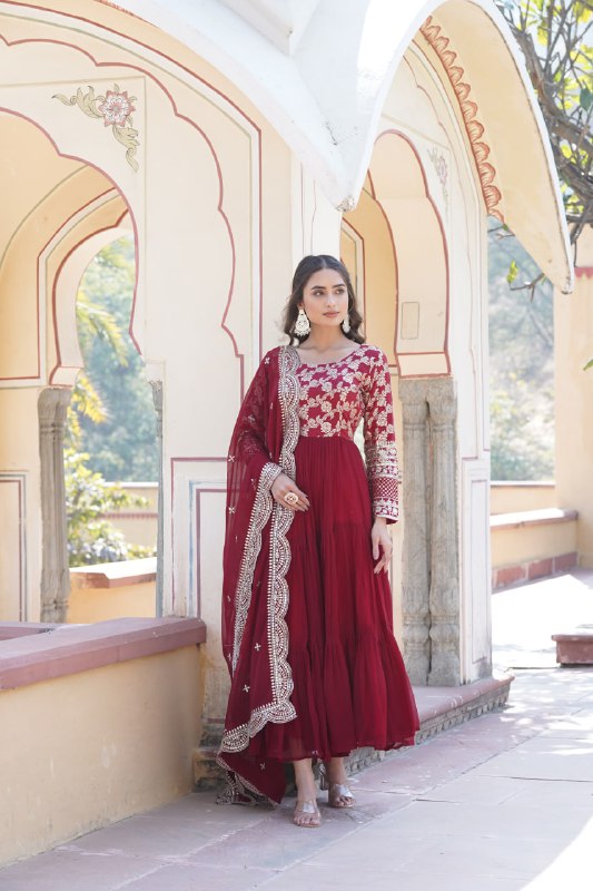 Enticing Faux Georgette Sequins Embroidered Festive Wear Gown - Ethnicwish