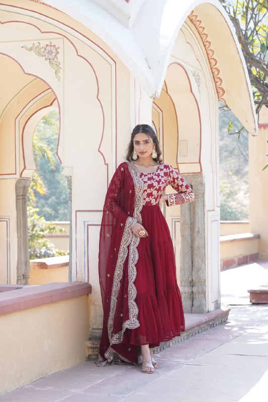 Enticing Faux Georgette Sequins Embroidered Festive Wear Gown - Ethnicwish