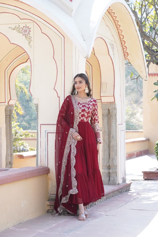 Enticing Faux Georgette Sequins Embroidered Festive Wear Gown - Ethnicwish