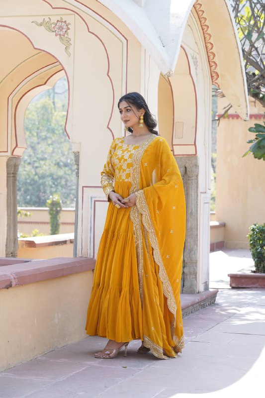 Enticing Faux Georgette Sequins Embroidered Festive Wear Gown - Ethnicwish