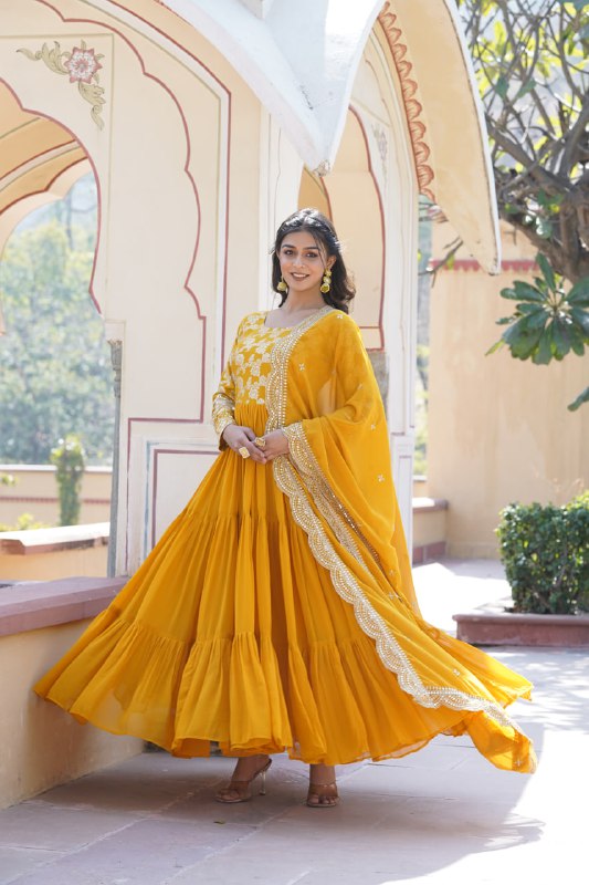 Enticing Faux Georgette Sequins Embroidered Festive Wear Gown - Ethnicwish