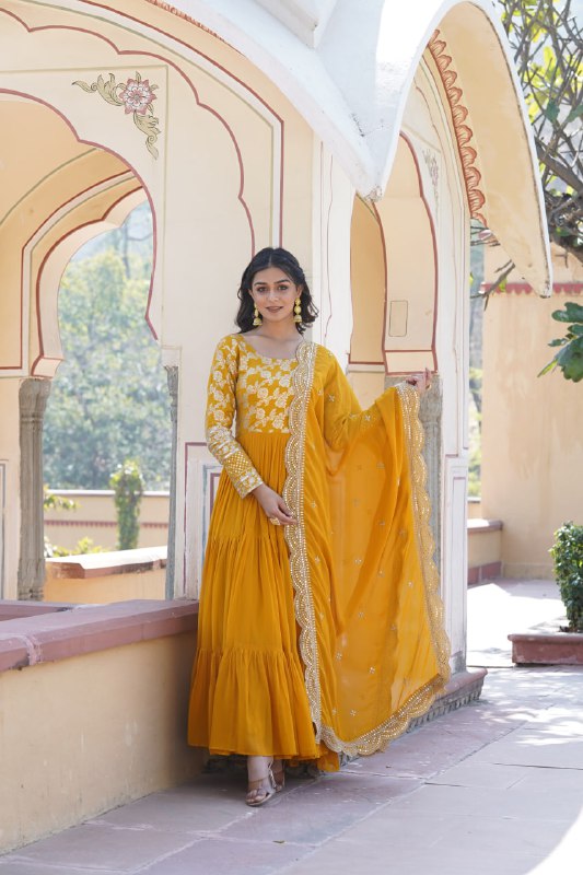 Enticing Faux Georgette Sequins Embroidered Festive Wear Gown - Ethnicwish