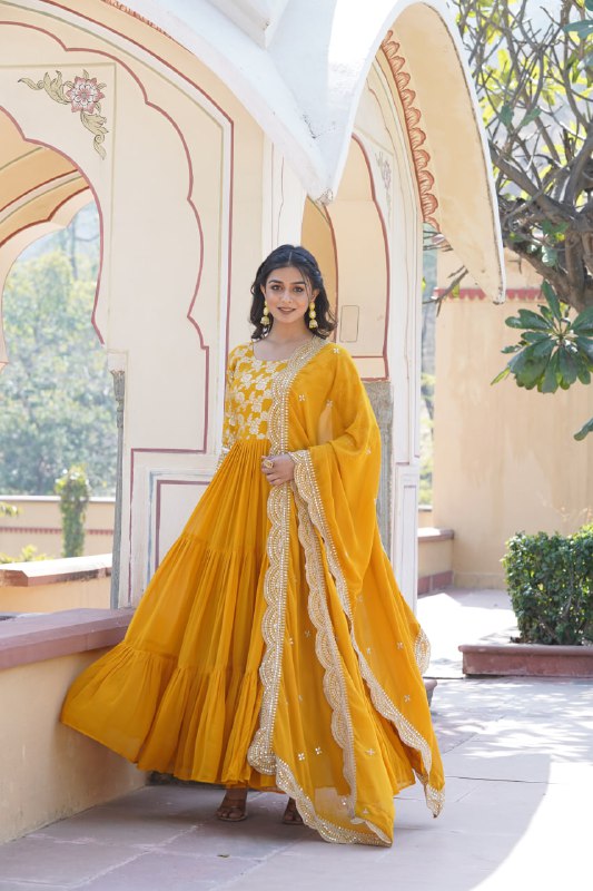 Enticing Faux Georgette Sequins Embroidered Festive Wear Gown - Ethnicwish