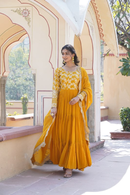 Enticing Faux Georgette Sequins Embroidered Festive Wear Gown - Ethnicwish