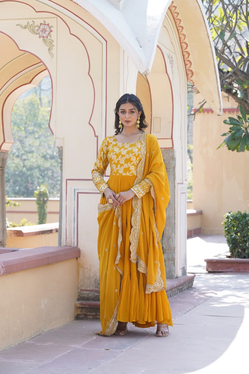 Enticing Faux Georgette Sequins Embroidered Festive Wear Gown - Ethnicwish