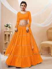 Bright Orange Tiered Lehenga Choli with Golden Lace
