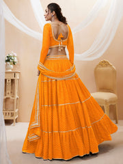 Bright Orange Tiered Lehenga Choli with Golden Lace