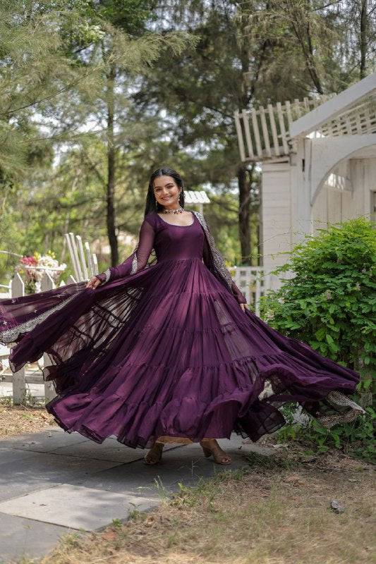 Delightful Faux Georgette 15 Meter Flared Fully Stitched Ruffle Gown - Ethnicwish