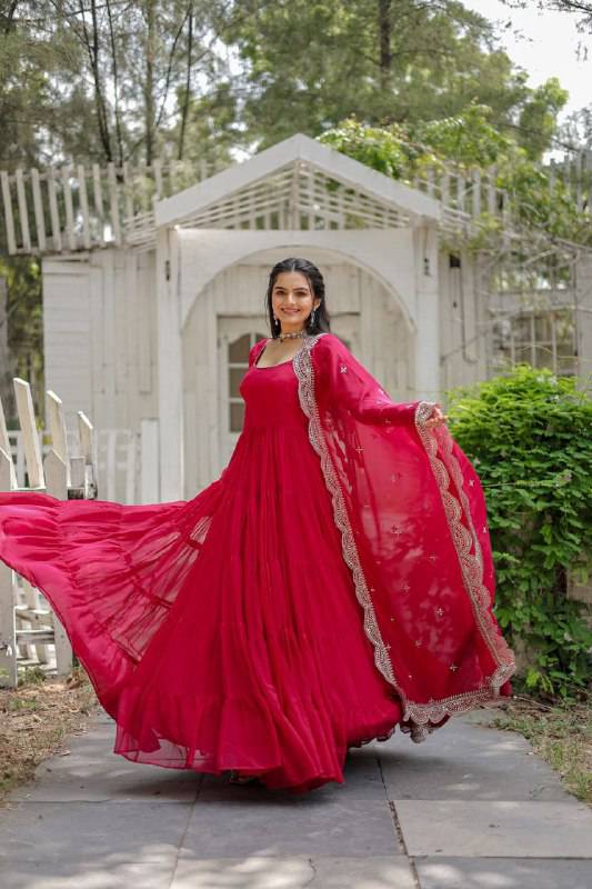 Delightful Faux Georgette 15 Meter Flared Fully Stitched Ruffle Gown - Ethnicwish