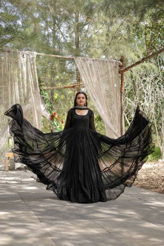 Delightful Faux Georgette 15 Meter Flared Fully Stitched Ruffle Gown - Ethnicwish
