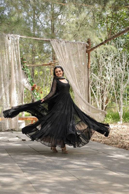 Delightful Faux Georgette 15 Meter Flared Fully Stitched Ruffle Gown - Ethnicwish