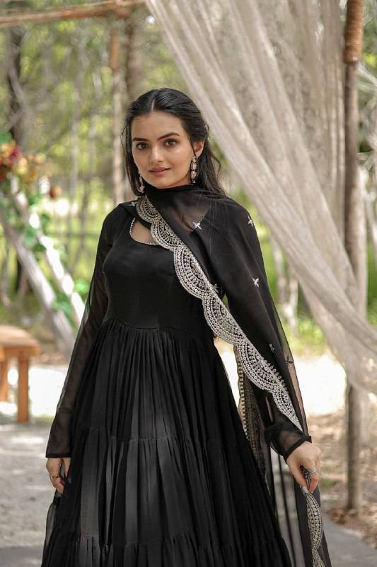 Delightful Faux Georgette 15 Meter Flared Fully Stitched Ruffle Gown - Ethnicwish
