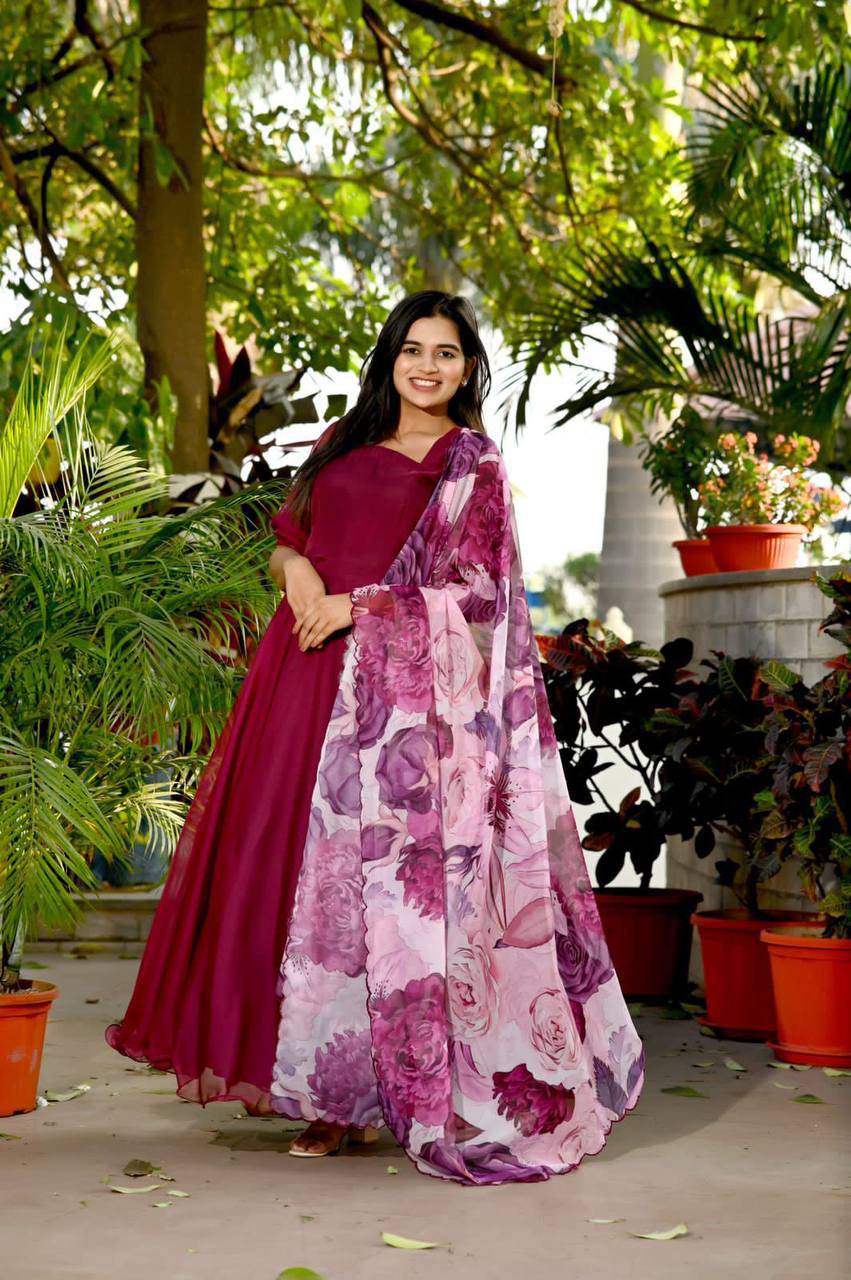 Spectacular Tabby Silk Fully Stitched Flairy Gown With Dupatta - Ethnicwish