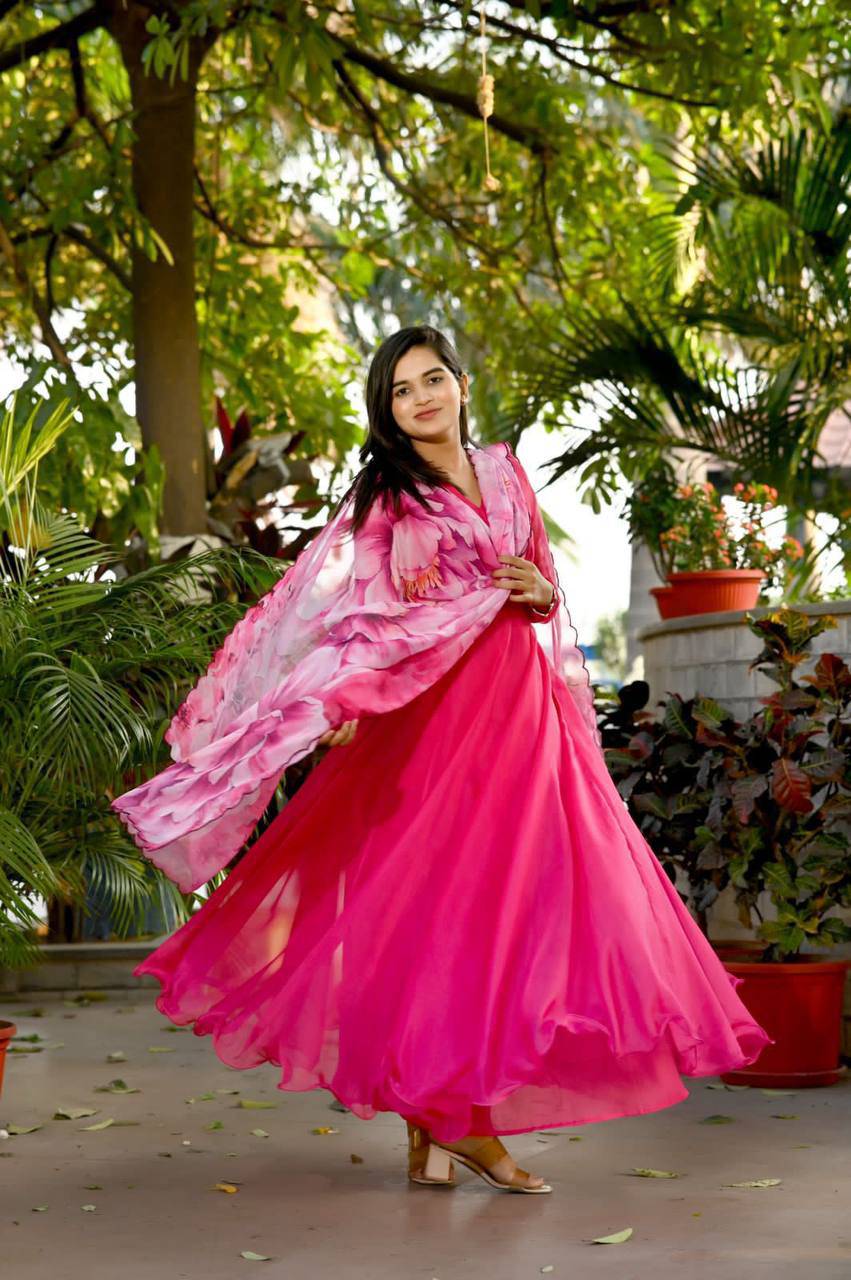 Spectacular Tabby Silk Fully Stitched Flairy Gown With Dupatta - Ethnicwish