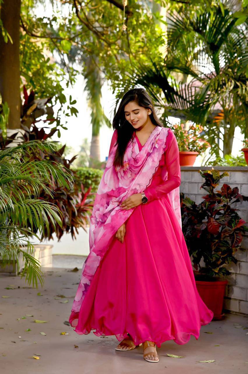 Spectacular Tabby Silk Fully Stitched Flairy Gown With Dupatta - Ethnicwish