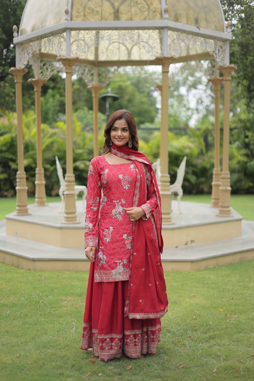 Lovely Chinon Printed Sequins Thread Worked Top Palazzo Suit - Ethnicwish