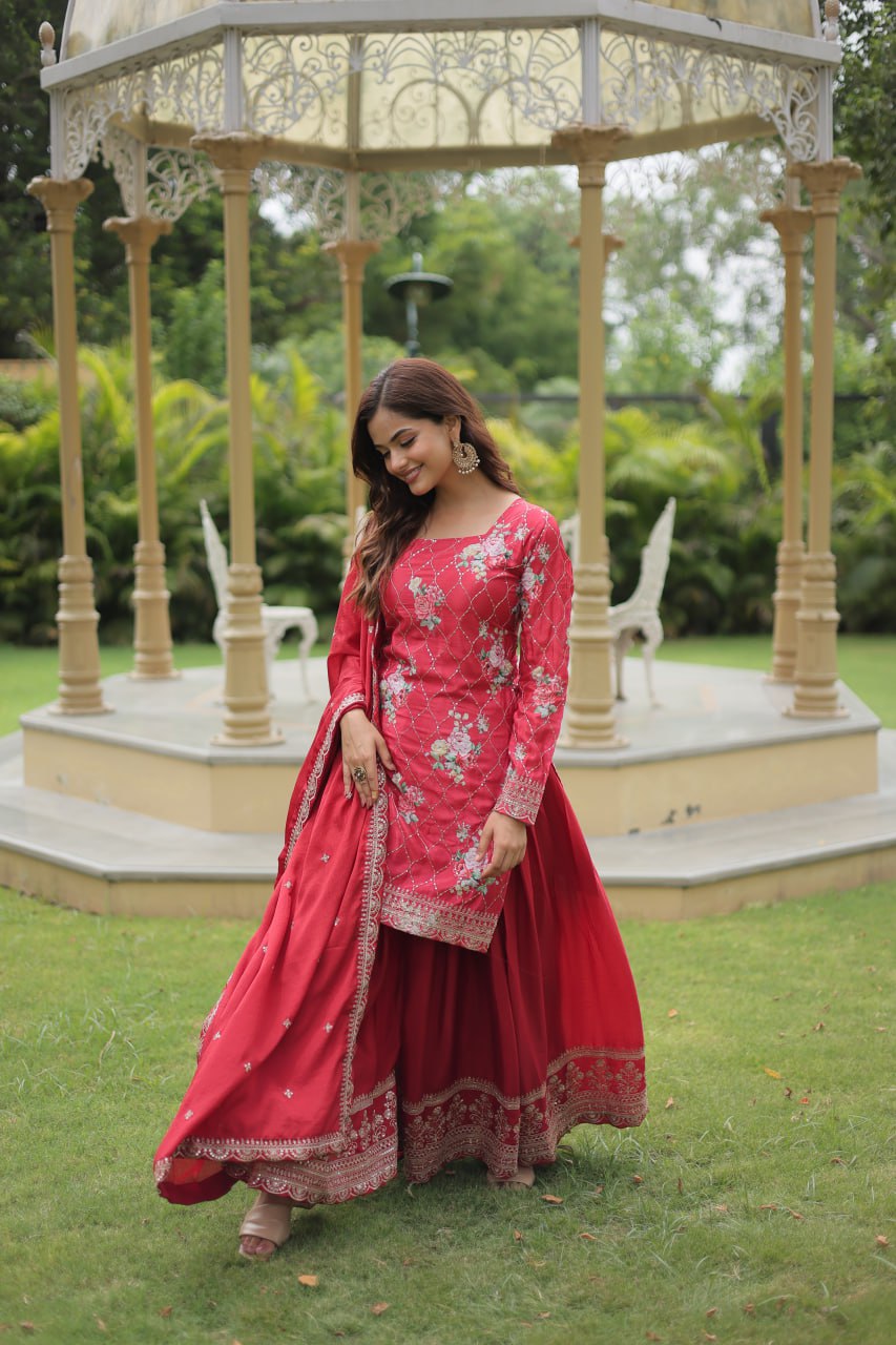 Lovely Chinon Printed Sequins Thread Worked Top Palazzo Suit - Ethnicwish