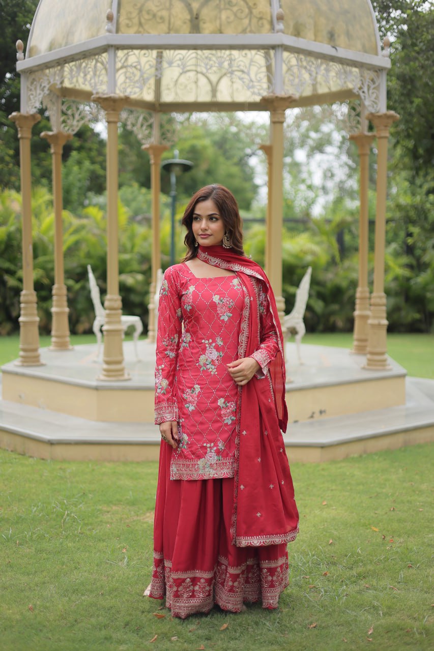 Lovely Chinon Printed Sequins Thread Worked Top Palazzo Suit - Ethnicwish